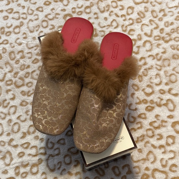 Coach Women's Tan Fur-Lined Slippers - Picture 1 of 3